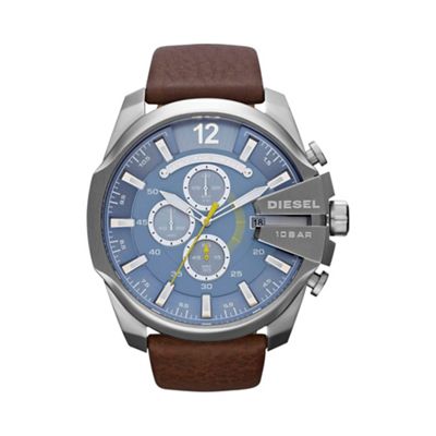 Men's 'Mega chief' blue dial & brown leather strap watch dz4281